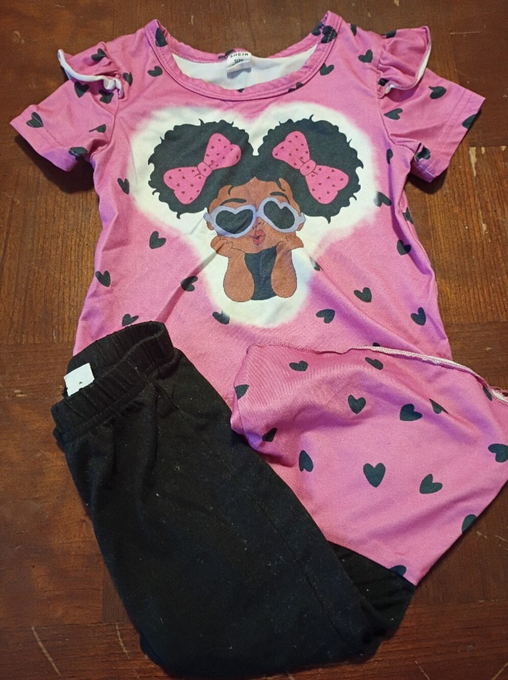 SHEIN Black & Pink Heart Print Kids Leggings Set